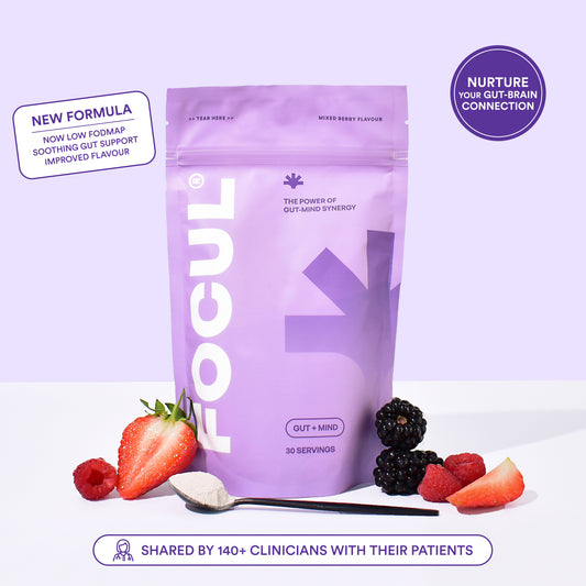 FOCUL Gut + Mind low FODMAP gut health supplement in mixed berry flavour, featuring an improved formula for digestive comfort with PHGG fibre and DGL liquorice root.